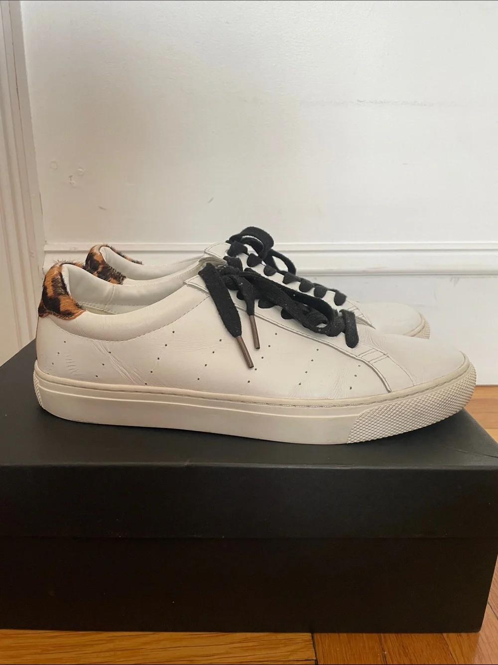 J. Crew Saturday Sneakers. White with Leopard Heel Tab, black & white laces